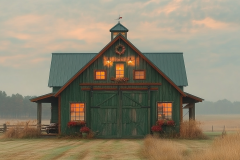 A charming barndominium exterior with a classic barn-style design, warm lighting, and a cozy countryside atmosphere.