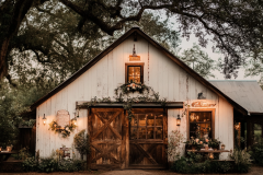 Charming rustic barn with weathered white walls, wooden sliding doors, and warm ambient lighting, surrounded by lush greenery and vintage décor.