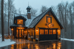 Cozy barn-style home with warm lighting, a black metal roof, and a charming winter setting.