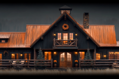 Elegant black barndominium with a copper roof, rustic charm, and warm ambient lighting.