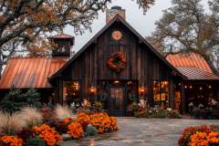 Rustic barndominium with a copper roof, rich wood tones, and vibrant autumn decor.