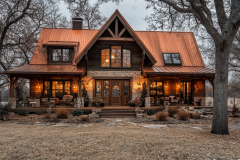 Rustic barndominium with a copper roof, stone and wood exterior, and warm inviting lighting.
