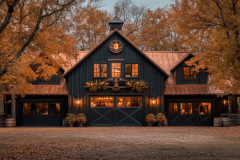 Charming black barndominium with a copper roof, warm lighting, and cozy autumn surroundings.