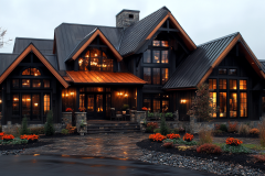 Luxurious black barndominium with a modern design, copper roof accents, and warm evening lighting.