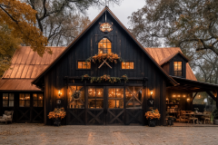 A stunning black barndominium exterior with warm lighting, copper roofing, and cozy fall decor.