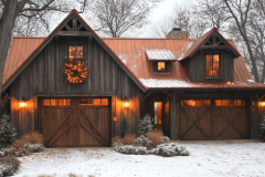 Cozy barndominium exterior with rustic wood siding, a festive holiday wreath, and a snowy winter setting, exuding warm cabin charm.
