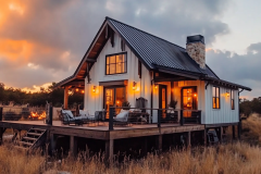 A stunning barndominium exterior with a modern farmhouse design, featuring warm lighting, a wraparound deck, and a black metal roof against a breathtaking sunset.