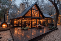 A beautiful A-frame cabin with a sleek black exterior, glowing lights, and a spacious wooden deck, creating a magical woodland retreat.