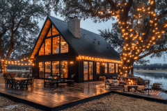 A charming A-frame cabin with glowing string lights, creating a warm and inviting atmosphere on a spacious wooden deck by the lake.