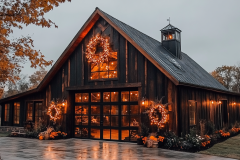 A rustic barn-style home beautifully decorated for the holidays, featuring warm glowing lights, wreaths, and a charming cupola.