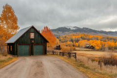 A picturesque barn-style garage set against a stunning autumn landscape, featuring golden foliage and distant mountain views.