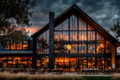 A modern black barndominium with a striking A-frame glass façade, glowing interior lights, and a moody sunset sky.