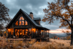 A cozy rustic barndominium nestled in the countryside, featuring warm glowing lights, a wraparound porch, and breathtaking sunset views.