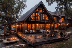 A modern rustic barndominium with a warm, inviting glow, featuring a spacious deck, fire pit, and cozy outdoor seating.