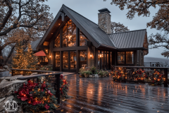 A stunning holiday-themed barndominium with a modern rustic design, featuring warm glowing lights, festive decor, and a cozy ambiance.