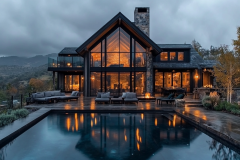 A luxurious modern barndominium with floor-to-ceiling glass windows, a glowing interior, and a stunning pool reflecting the warm lights against a dramatic mountain backdrop.