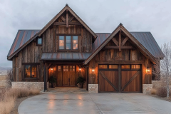 A rustic modern barndominium featuring reclaimed wood siding, exposed timber beams, and a cozy, inviting ambiance with warm exterior lighting.