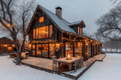 A cozy winter barndominium with glowing string lights, rustic wood siding, and a snowy landscape, creating the perfect holiday retreat.
