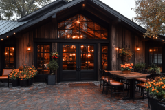 A rustic barndominium with warm lighting, rich wood tones, and a charming outdoor dining setup surrounded by lush floral accents.