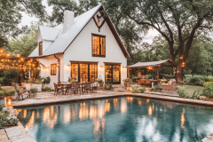 A charming white barndominium with warm lighting, a luxurious pool, and an inviting outdoor dining area under twinkling string lights.