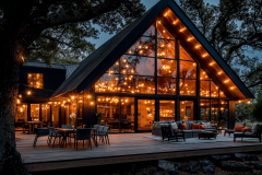 A stunning modern barndominium with floor-to-ceiling windows, warm glowing string lights, and an inviting outdoor living space.