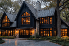 A luxurious black barndominium with dramatic peaked roofs, warm glowing windows, and lush landscaping, blending elegance with rustic charm.