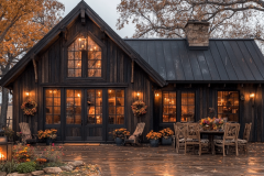 A cozy black barndominium with autumn décor, featuring warm interior lighting, rustic wooden accents, and an inviting outdoor dining space.