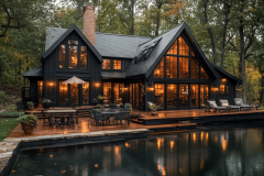 A luxurious black barndominium with a poolside deck, featuring floor-to-ceiling windows, warm lighting, and a seamless blend of modern and rustic architecture.