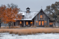 A rustic barn-style home with warm glowing windows, surrounded by snowy fields and autumn trees.