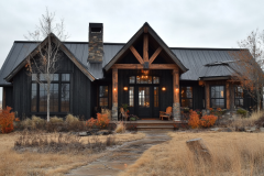A modern rustic barndominium with black metal siding, stone accents, and a cozy front porch, blending elegance with countryside charm.