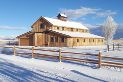 A beautiful wooden barndominium in a snowy rural setting, featuring a spacious design with a warm, rustic charm.
