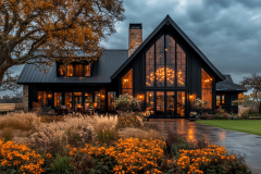 A stunning barndominium exterior with modern rustic charm, featuring grand glass windows and warm interior lighting.
