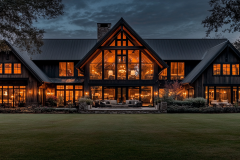 A breathtaking barndominium exterior at night, illuminated with warm interior lighting and expansive glass windows.