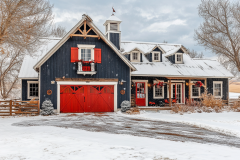 A charming barndominium exterior with festive red accents, set against a snowy winter landscape.