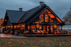 A cozy barndominium exterior with warm lighting, rustic wood accents, and a charming autumn ambiance.