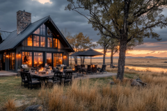 A breathtaking barndominium exterior featuring large glass windows, warm lighting, and a picturesque countryside sunset.