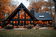 A breathtaking barndominium exterior with A-frame architecture, glowing lights, and a cozy autumn setting.