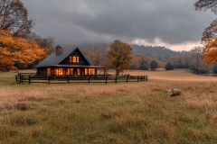 A cozy barndominium exterior in the countryside, surrounded by autumn foliage and an open field under a dramatic cloudy sky.
