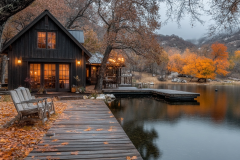 A stunning black barndominium exterior with warm glowing lights, nestled lakeside among golden autumn trees.