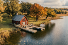 A charming barndominium exterior with a rustic red barn design, nestled by a serene lake and surrounded by vibrant autumn foliage.