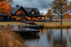 A stunning barndominium exterior by the water, featuring rustic charm, modern architecture, and warm lighting for a cozy countryside retreat.