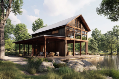 Modern rustic barndominium with a wraparound porch and serene waterfront views.