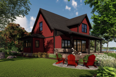 Charming red barndominium with a modern farmhouse aesthetic and cozy outdoor seating.