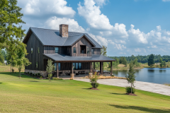 Charming lakeside barndominium with a wraparound porch and scenic countryside views.