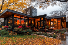 Modern barndominium surrounded by autumn foliage, featuring floor-to-ceiling windows, warm lighting, and a sleek black roof.
