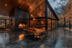 Stunning modern barndominium with an open-air dining area, warm fireplace, and sleek glass walls.