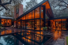 Modern barndominium exterior with glass walls, warm lighting, and a stylish poolside design.