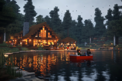 Cozy lakeside cabin with glowing lights and a couple boating at dusk.