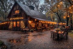 Rustic barndominium with festive lights and outdoor seating on a rainy evening.