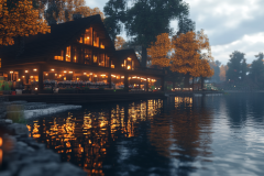 Lakeside barndominium with glowing lights reflecting on the water at dusk.